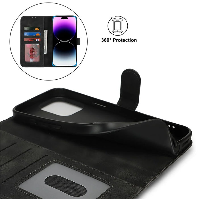 For iPhone 14 Pro Max Wallet Case Double Folded Edge Skin Touch PU Leather Flip Phone Cover - Black - 6