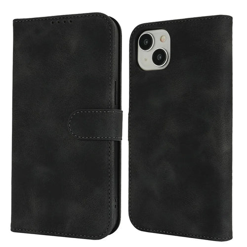 For iPhone 15 Plus / 14 Plus Wallet Case Double Folded Edge Skin Touch PU Leather Flip Phone Cover - Black - 1