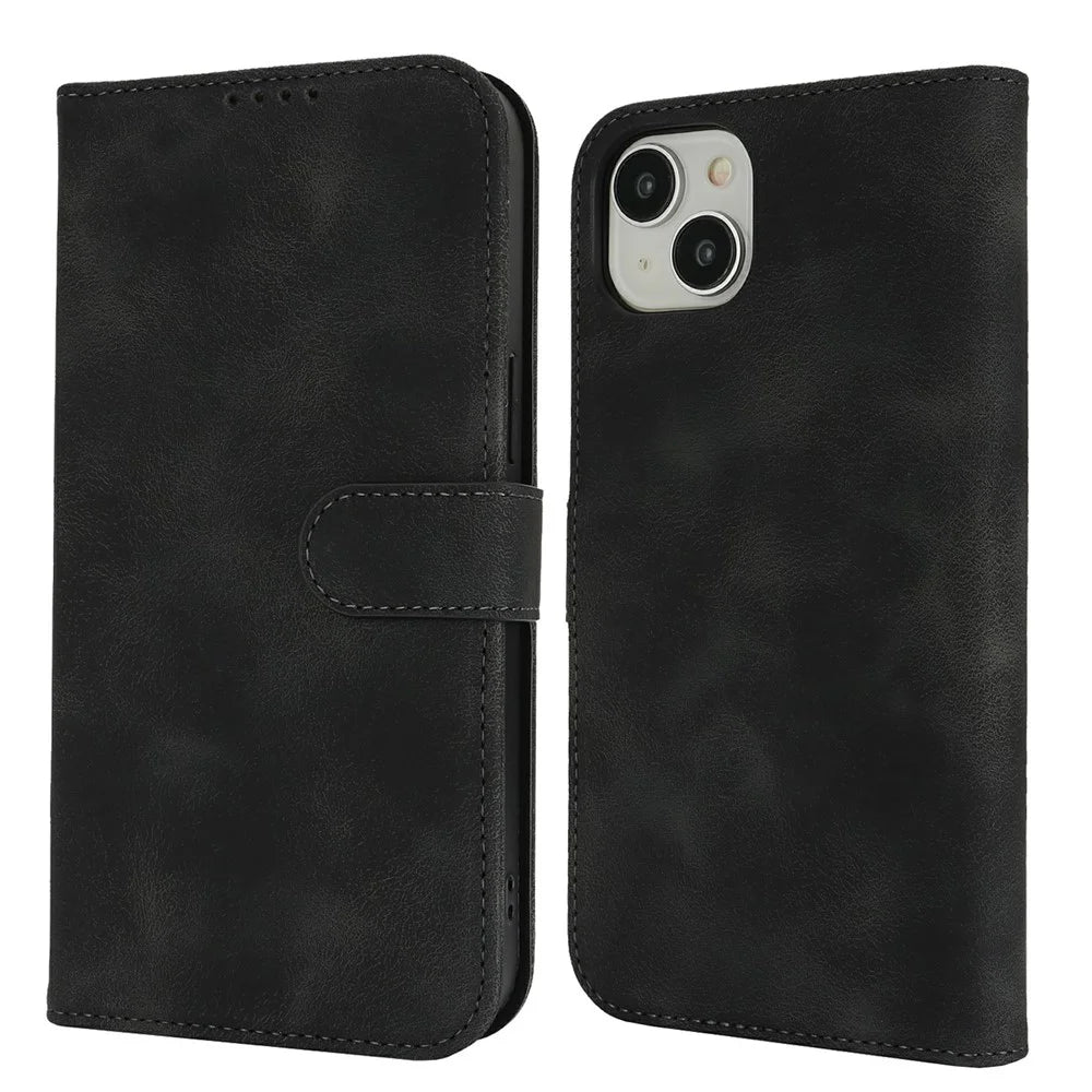 For iPhone 15 Plus / 14 Plus Wallet Case Double Folded Edge Skin Touch PU Leather Flip Phone Cover - Black - 1