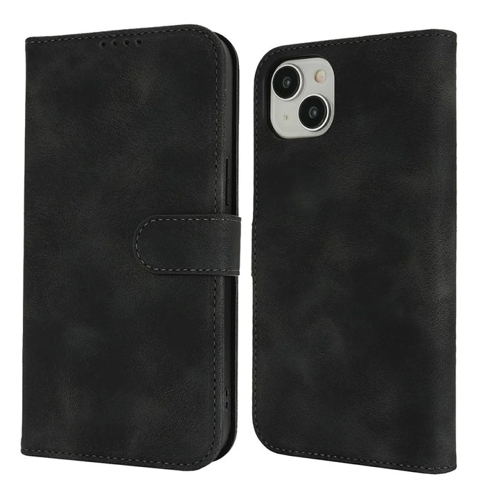 For iPhone 15 Plus / 14 Plus Wallet Case Double Folded Edge Skin Touch PU Leather Flip Phone Cover - Black - 1