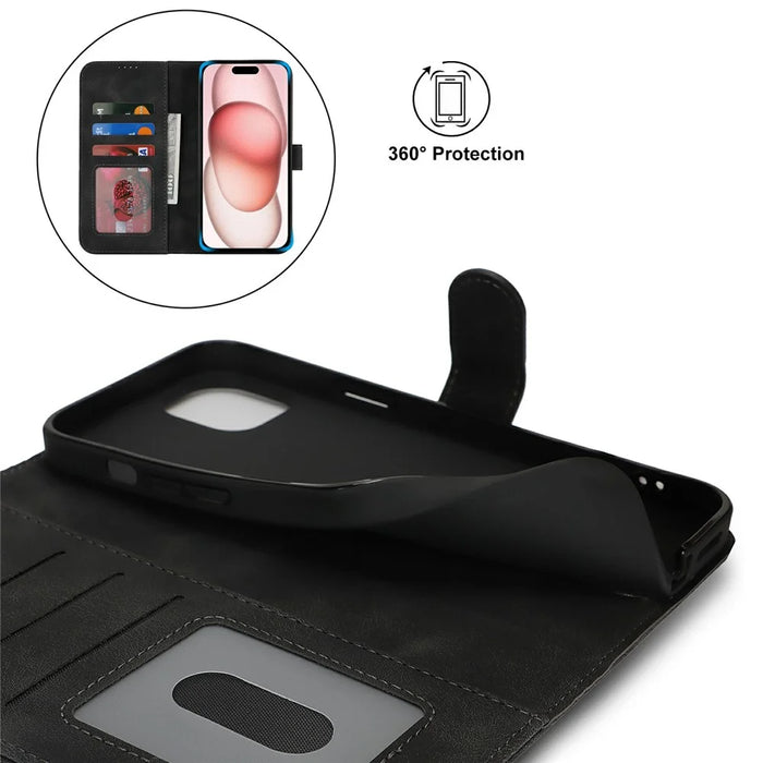 For iPhone 15 Plus / 14 Plus Wallet Case Double Folded Edge Skin Touch PU Leather Flip Phone Cover - Black - 3