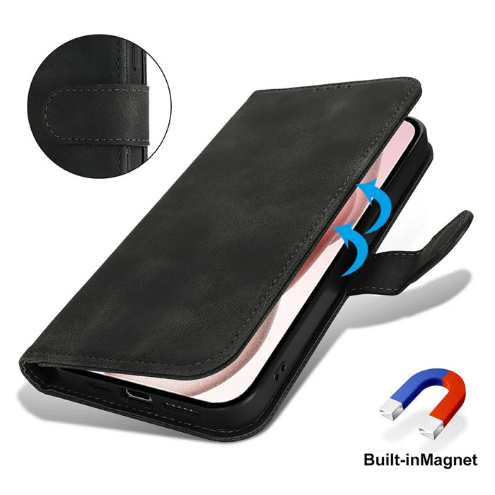 For iPhone 15 Plus / 14 Plus Wallet Case Double Folded Edge Skin Touch PU Leather Flip Phone Cover - Black - 6