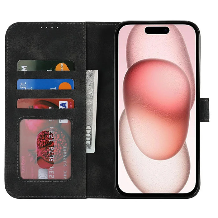 For iPhone 15 Wallet Case Double Folded Edge Skin Touch PU Leather Flip Phone Cover - Black - 2