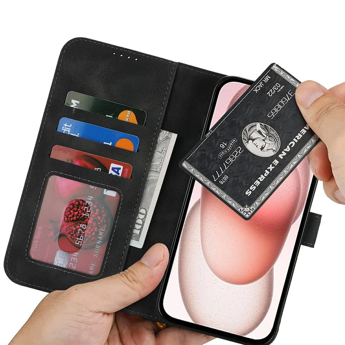 For iPhone 15 Wallet Case Double Folded Edge Skin Touch PU Leather Flip Phone Cover - Black - 4