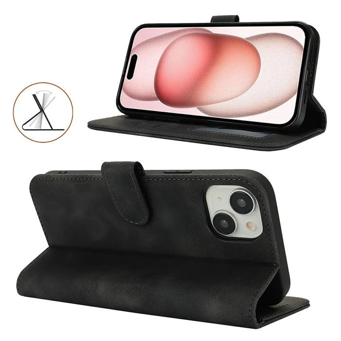 For iPhone 15 Wallet Case Double Folded Edge Skin Touch PU Leather Flip Phone Cover - Black - 5