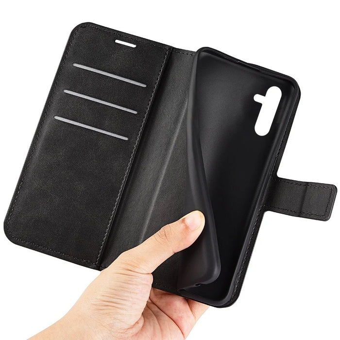 For Samsung Galaxy A14 5G / 4G Calf Texture PU Leather Phone Case Wallet Foldable Stand Cell Phone Cover - Black - 5