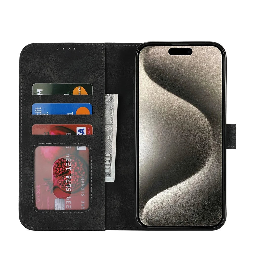 For iPhone 15 Pro Wallet Case Double Folded Edge Skin Touch PU Leather Flip Phone Cover - Black - 2