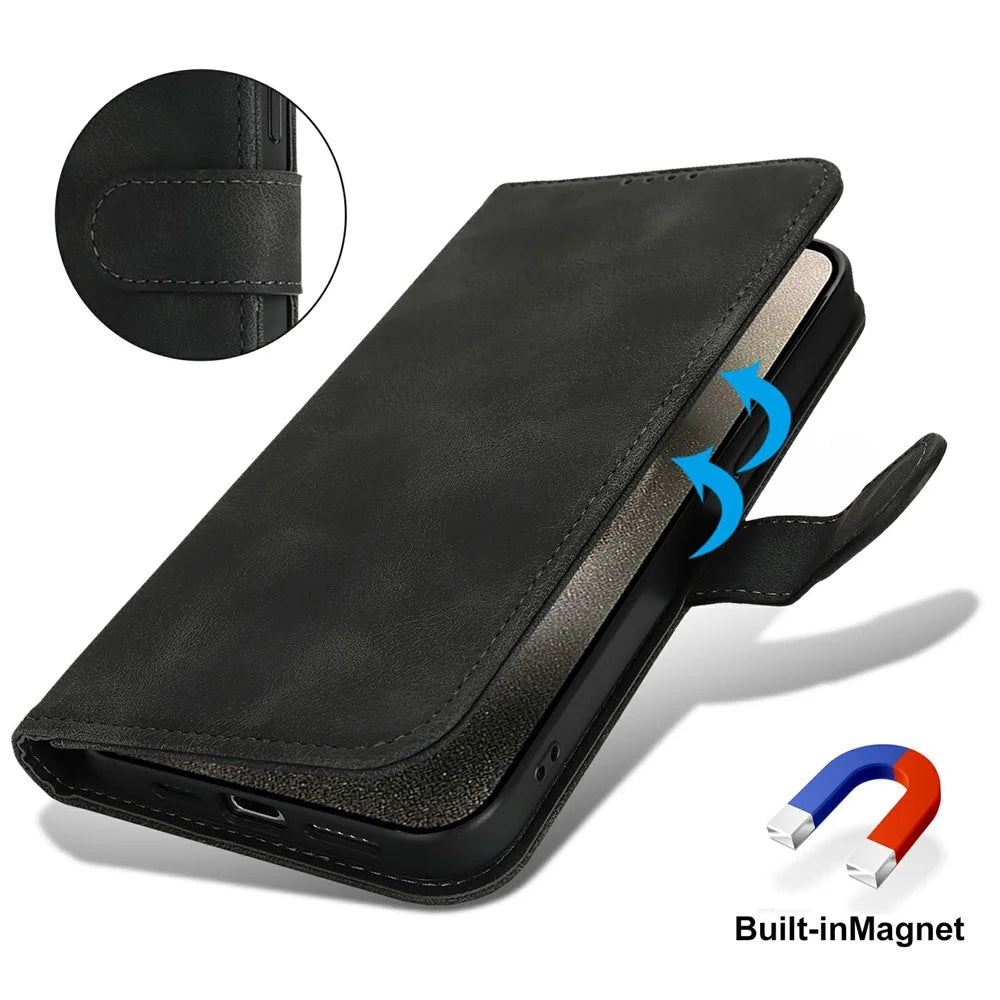 For iPhone 15 Pro Wallet Case Double Folded Edge Skin Touch PU Leather Flip Phone Cover - Black - 5