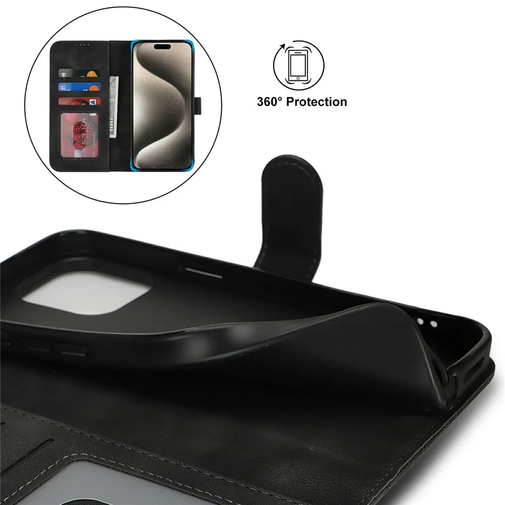 For iPhone 15 Pro Wallet Case Double Folded Edge Skin Touch PU Leather Flip Phone Cover - Black - 6
