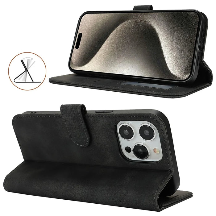 For iPhone 15 Pro Max Wallet Case Double Folded Edge Skin Touch PU Leather Flip Phone Cover - Black - 3