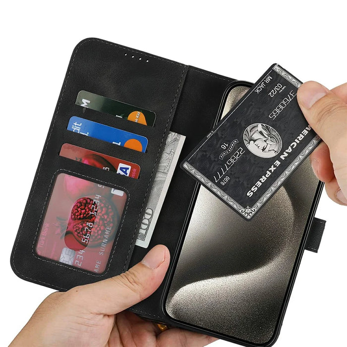For iPhone 15 Pro Max Wallet Case Double Folded Edge Skin Touch PU Leather Flip Phone Cover - Black - 4