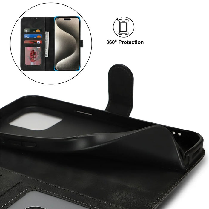 For iPhone 15 Pro Max Wallet Case Double Folded Edge Skin Touch PU Leather Flip Phone Cover - Black - 6