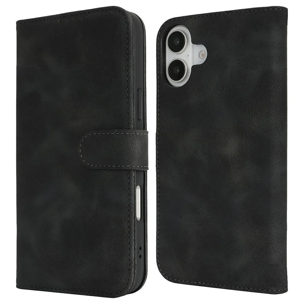 For iPhone 16 Wallet Case Double Folded Edge Skin Touch PU Leather Flip Phone Cover - Black - 1