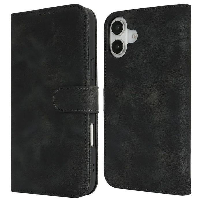 For iPhone 16 Wallet Case Double Folded Edge Skin Touch PU Leather Flip Phone Cover - Black - 1