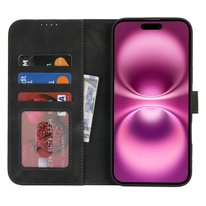 For iPhone 16 Wallet Case Double Folded Edge Skin Touch PU Leather Flip Phone Cover - Black - 2