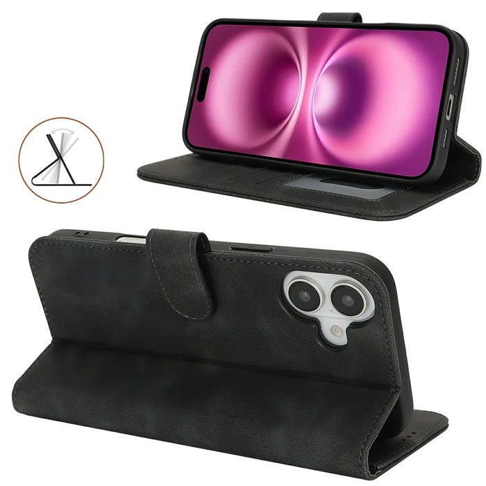 For iPhone 16 Wallet Case Double Folded Edge Skin Touch PU Leather Flip Phone Cover - Black - 3