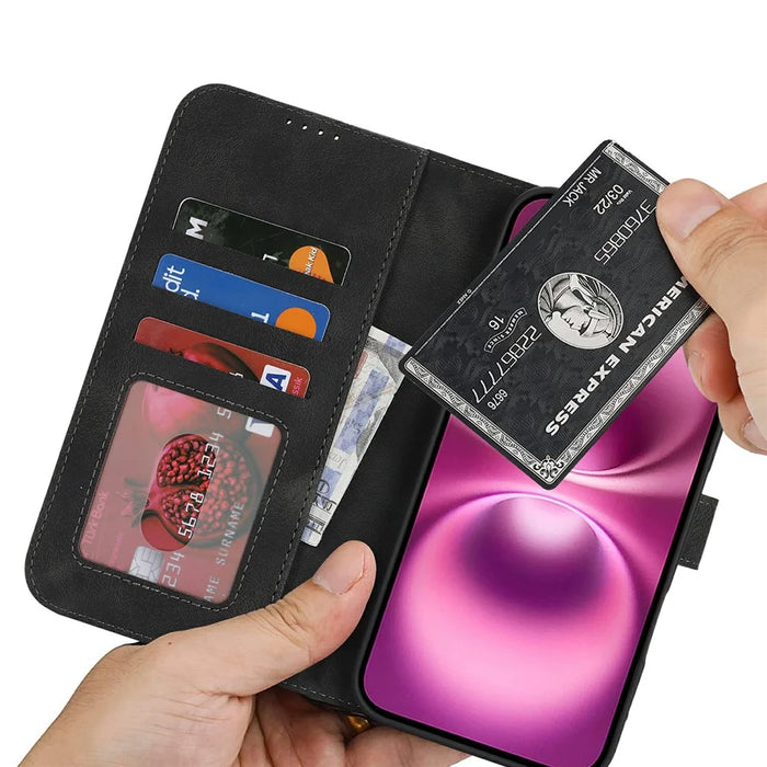 For iPhone 16 Wallet Case Double Folded Edge Skin Touch PU Leather Flip Phone Cover - Black - 4