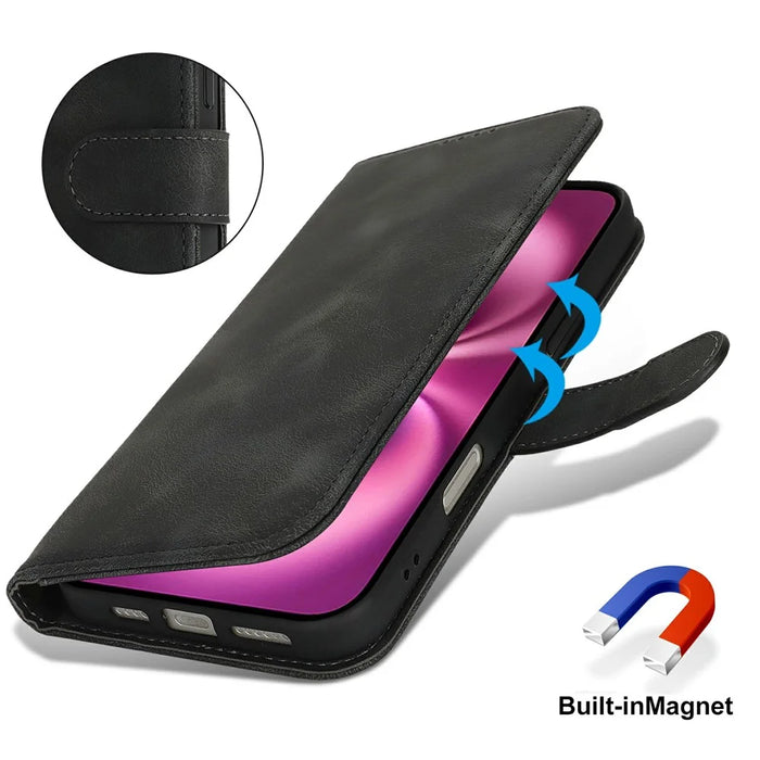 For iPhone 16 Wallet Case Double Folded Edge Skin Touch PU Leather Flip Phone Cover - Black - 5