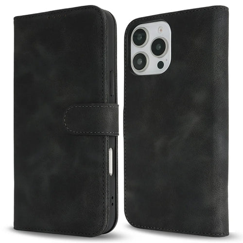 For iPhone 16 Pro Wallet Case Double Folded Edge Skin Touch PU Leather Flip Phone Cover - Black - 1