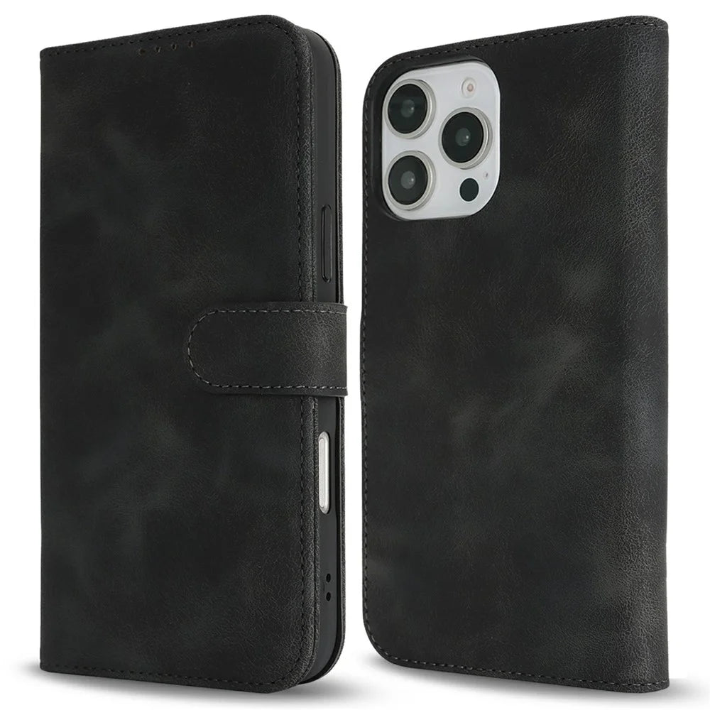 For iPhone 16 Pro Wallet Case Double Folded Edge Skin Touch PU Leather Flip Phone Cover - Black - 1