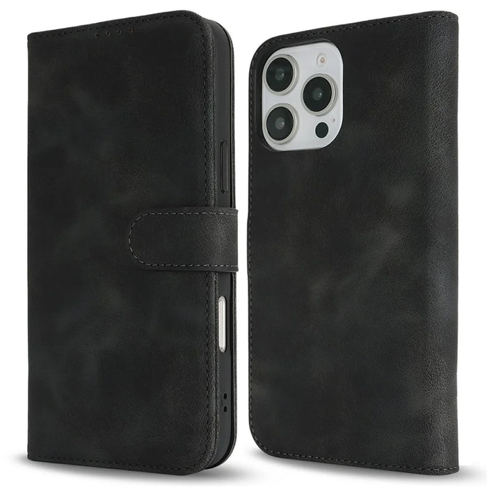 For iPhone 16 Pro Wallet Case Double Folded Edge Skin Touch PU Leather Flip Phone Cover - Black - 1