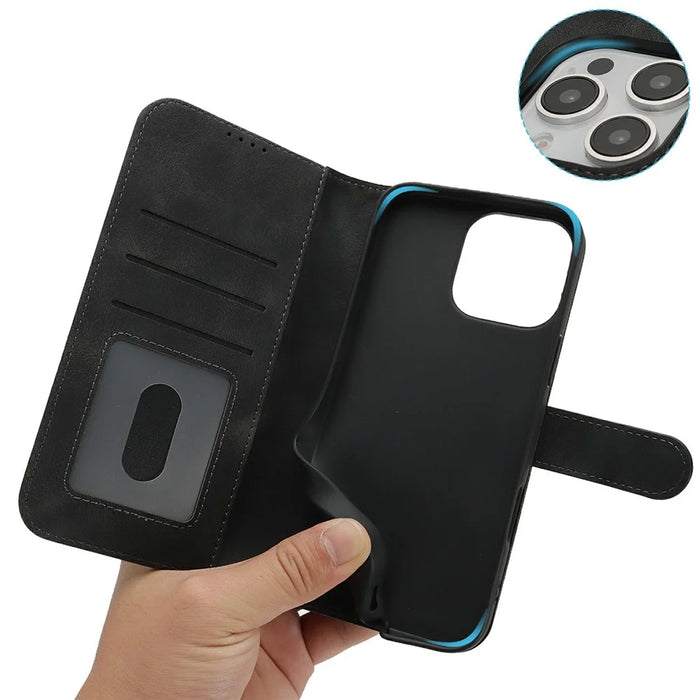 For iPhone 16 Pro Wallet Case Double Folded Edge Skin Touch PU Leather Flip Phone Cover - Black - 5