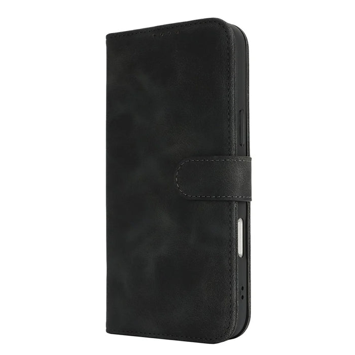 For iPhone 16 Pro Wallet Case Double Folded Edge Skin Touch PU Leather Flip Phone Cover - Black - 7