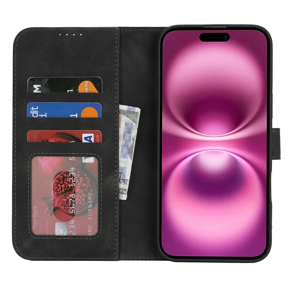 For iPhone 16 Plus Wallet Case Double Folded Edge Skin Touch PU Leather Flip Phone Cover - Black - 2