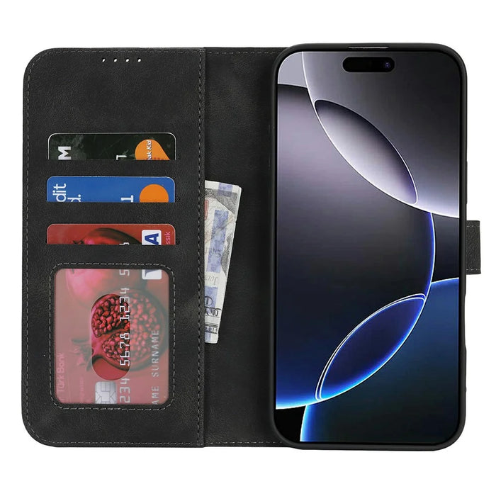 For iPhone 16 Pro Max Wallet Case Double Folded Edge Skin Touch PU Leather Flip Phone Cover - Black - 2