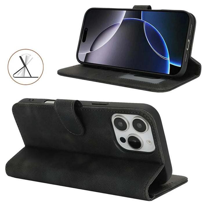 For iPhone 16 Pro Max Wallet Case Double Folded Edge Skin Touch PU Leather Flip Phone Cover - Black - 3