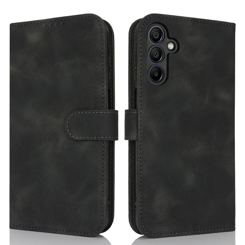 For Samsung Galaxy A15 5G Wallet Case Double Folded Edge Skin Touch PU Leather Flip Phone Cover - Black - 1