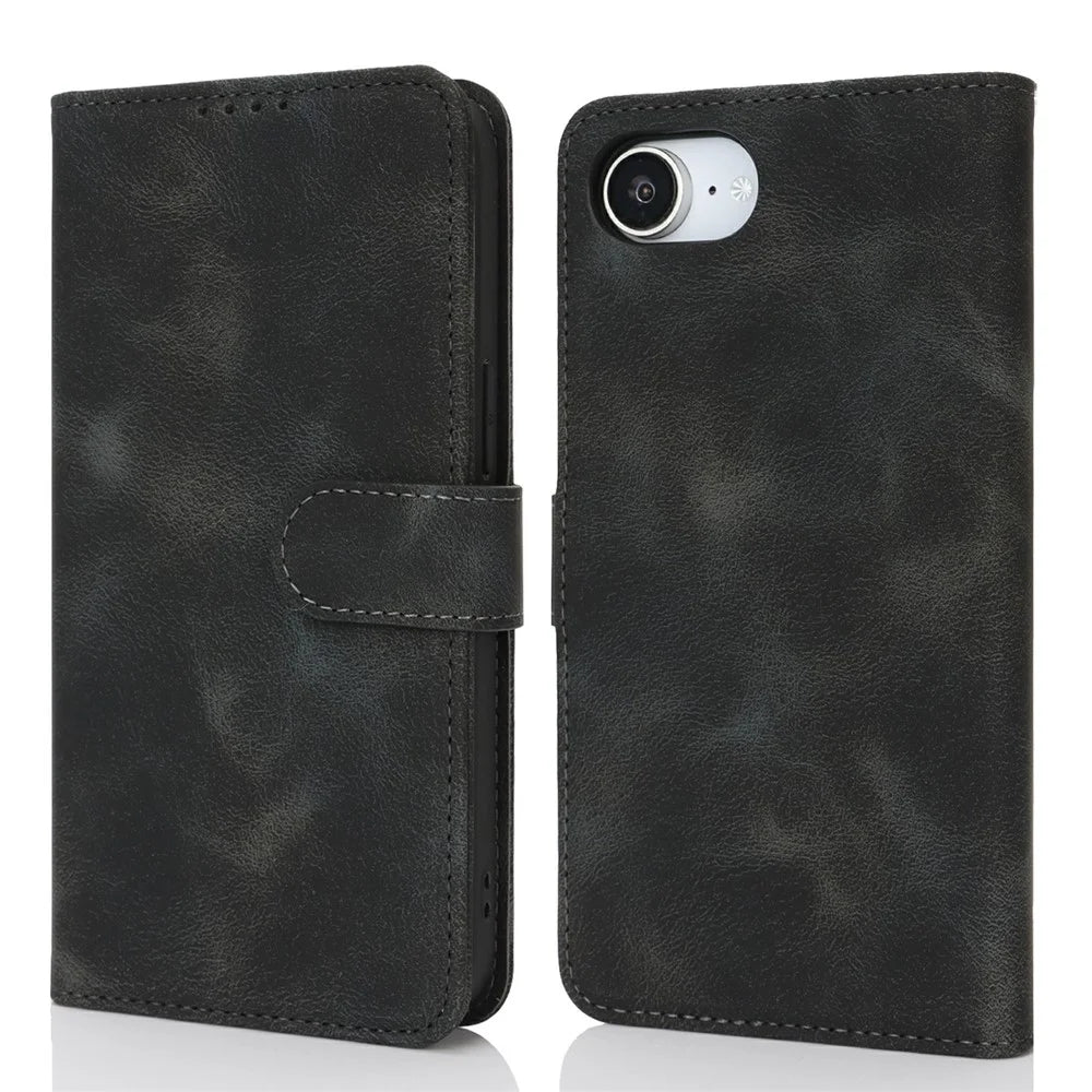 For iPhone 17e / 16e Wallet Case Double Folded Edge Skin Touch PU Leather Flip Phone Cover - Black - 1