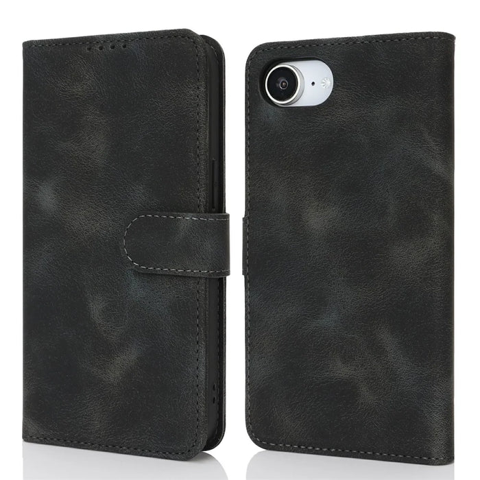 For iPhone 17e / 16e Wallet Case Double Folded Edge Skin Touch PU Leather Flip Phone Cover - Black - 1