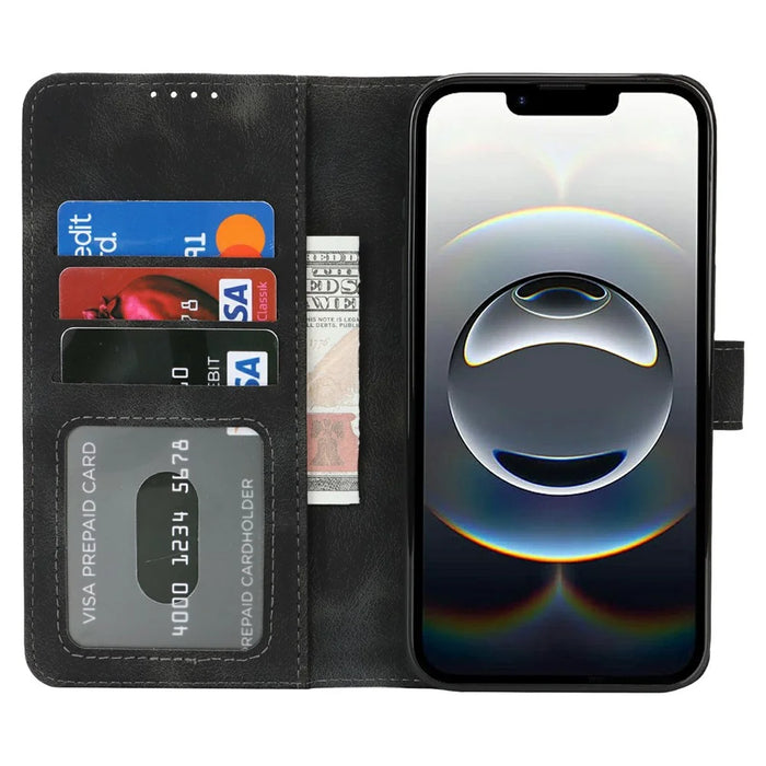 For iPhone 17e / 16e Wallet Case Double Folded Edge Skin Touch PU Leather Flip Phone Cover - Black - 2