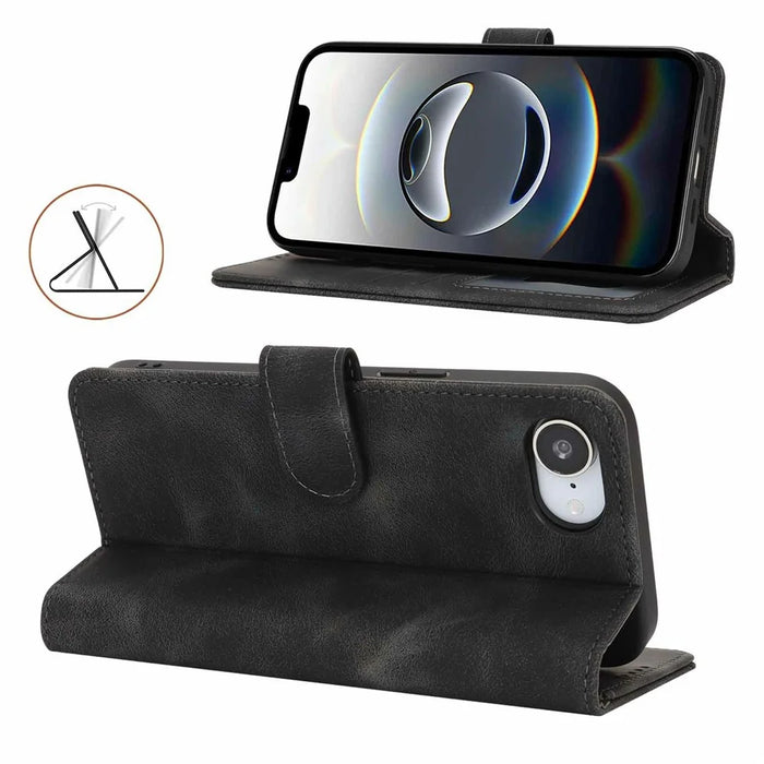 For iPhone 17e / 16e Wallet Case Double Folded Edge Skin Touch PU Leather Flip Phone Cover - Black - 3