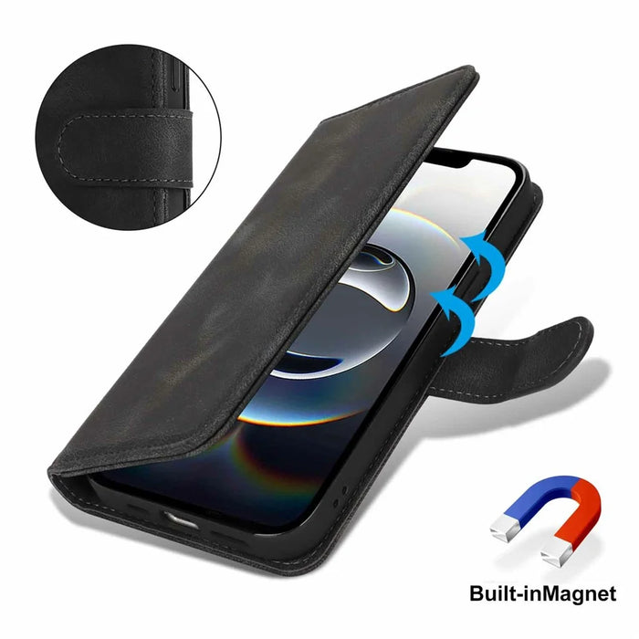 For iPhone 17e / 16e Wallet Case Double Folded Edge Skin Touch PU Leather Flip Phone Cover - Black - 5