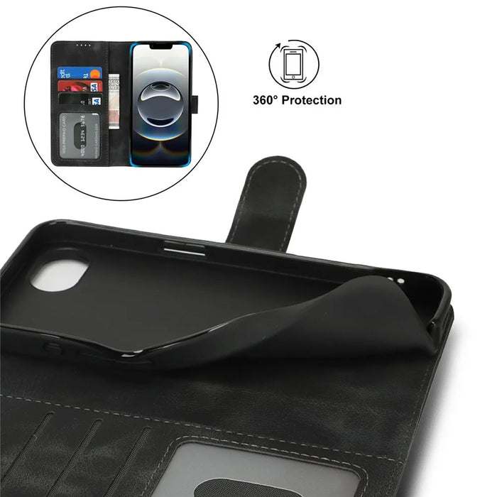 For iPhone 17e / 16e Wallet Case Double Folded Edge Skin Touch PU Leather Flip Phone Cover - Black - 6
