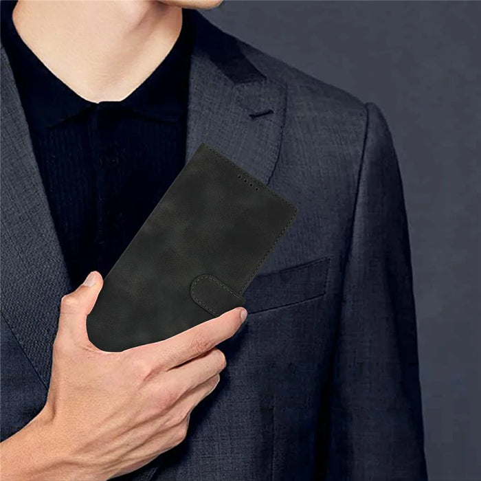 For iPhone 17e / 16e Wallet Case Double Folded Edge Skin Touch PU Leather Flip Phone Cover - Black - 7