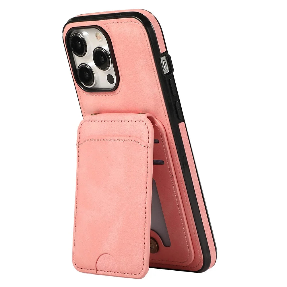 For iPhone 15 Pro Max Case Card Holder Kickstand Leather + TPU Phone Cover with Shoulder Strap - Pink - 2