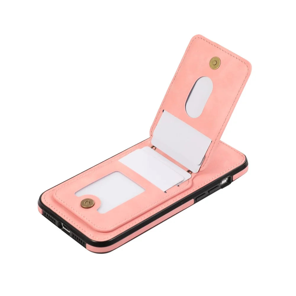 For iPhone 15 Pro Max Case Card Holder Kickstand Leather + TPU Phone Cover with Shoulder Strap - Pink - 3