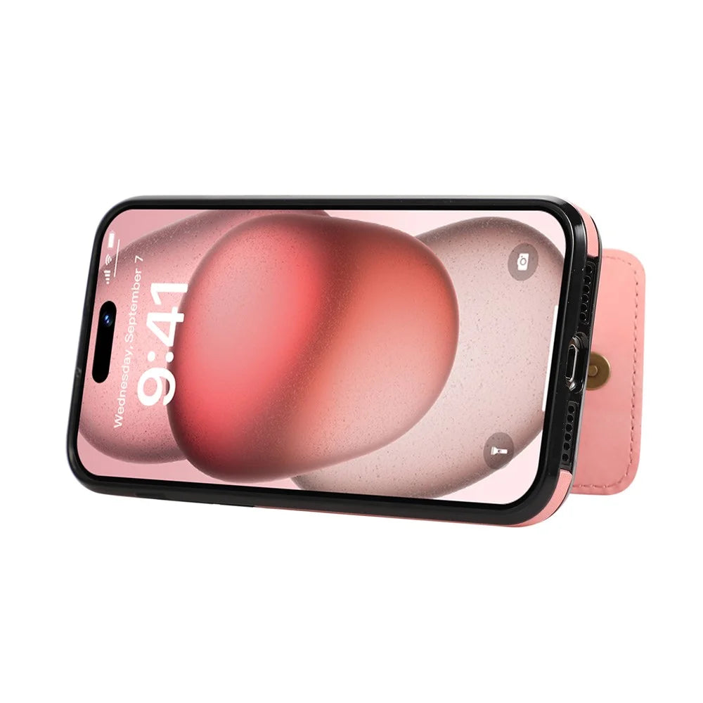 For iPhone 15 Pro Max Case Card Holder Kickstand Leather + TPU Phone Cover with Shoulder Strap - Pink - 4
