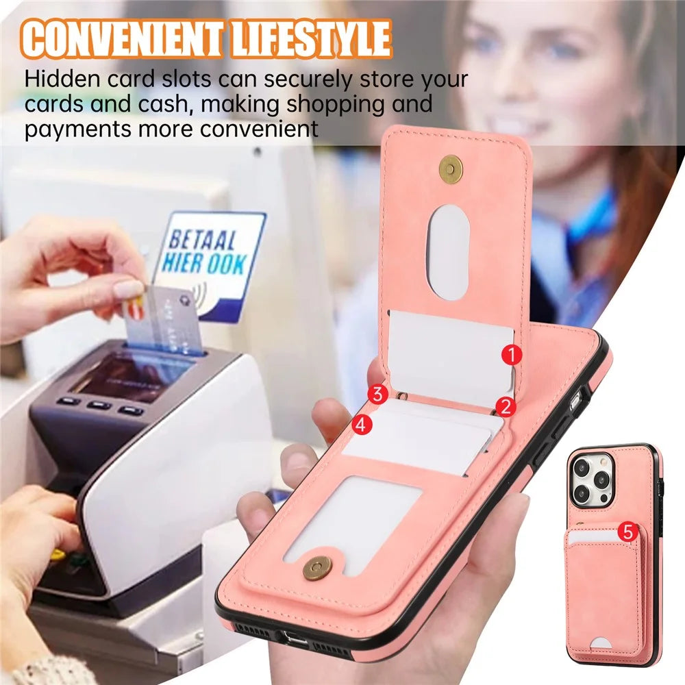 For iPhone 15 Pro Max Case Card Holder Kickstand Leather + TPU Phone Cover with Shoulder Strap - Pink - 7