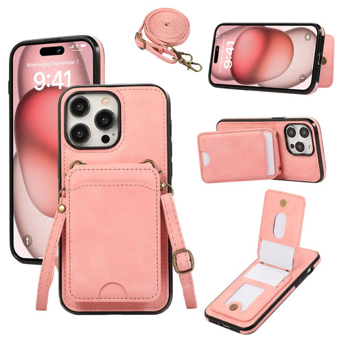For iPhone 15 Pro Case Card Holder Kickstand Leather + TPU Phone Cover with Shoulder Strap - Pink - 1