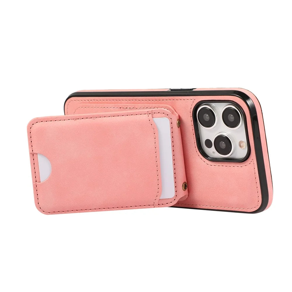 For iPhone 15 Pro Case Card Holder Kickstand Leather + TPU Phone Cover with Shoulder Strap - Pink - 5
