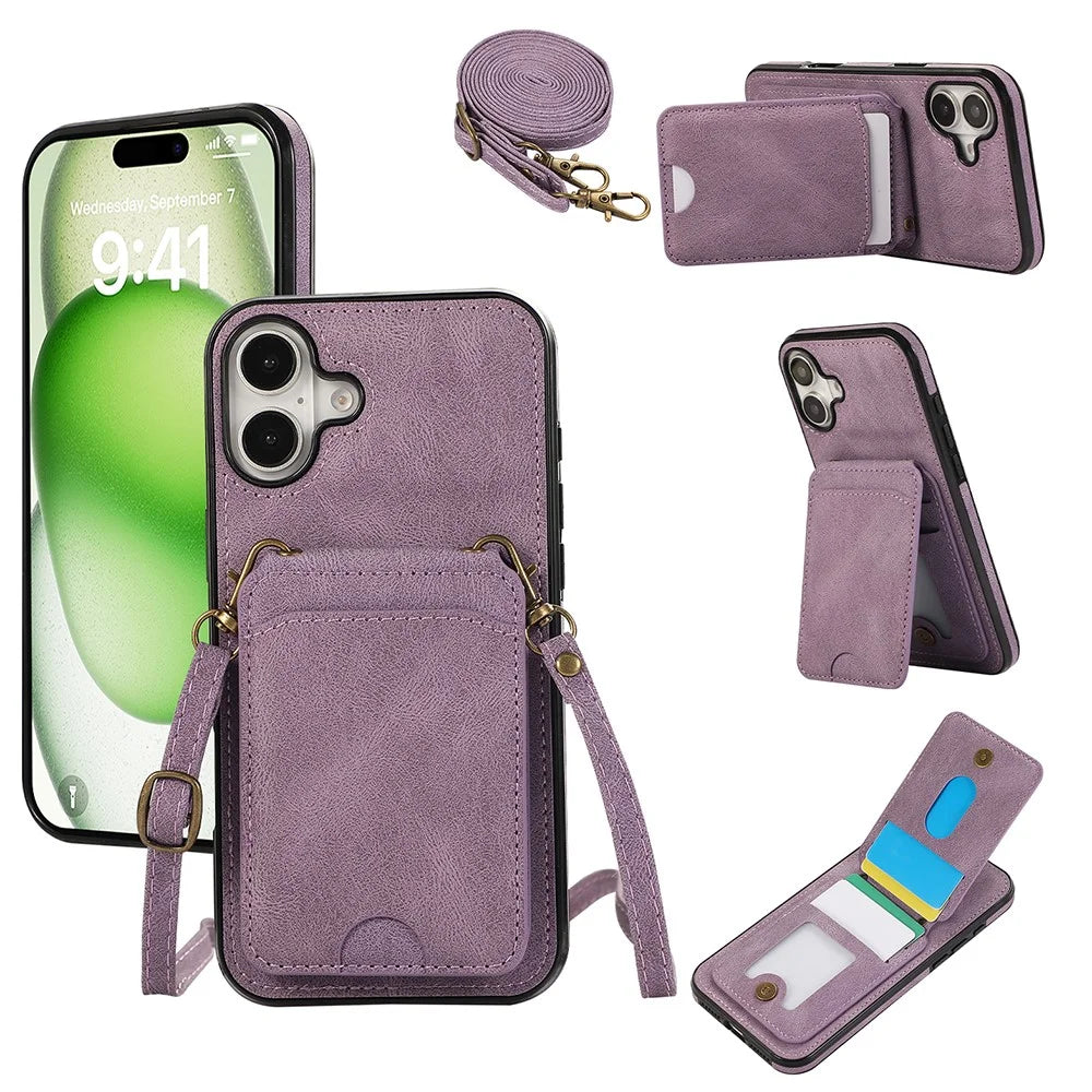 For iPhone 16 Case Card Holder Kickstand Leather + TPU Phone Cover with Shoulder Strap - Purple - 1