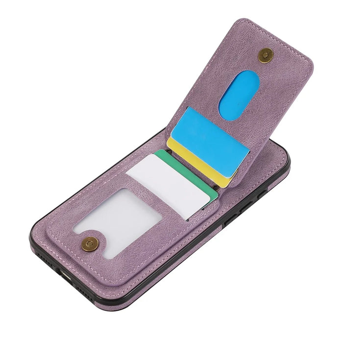 For iPhone 16 Case Card Holder Kickstand Leather + TPU Phone Cover with Shoulder Strap - Purple - 3