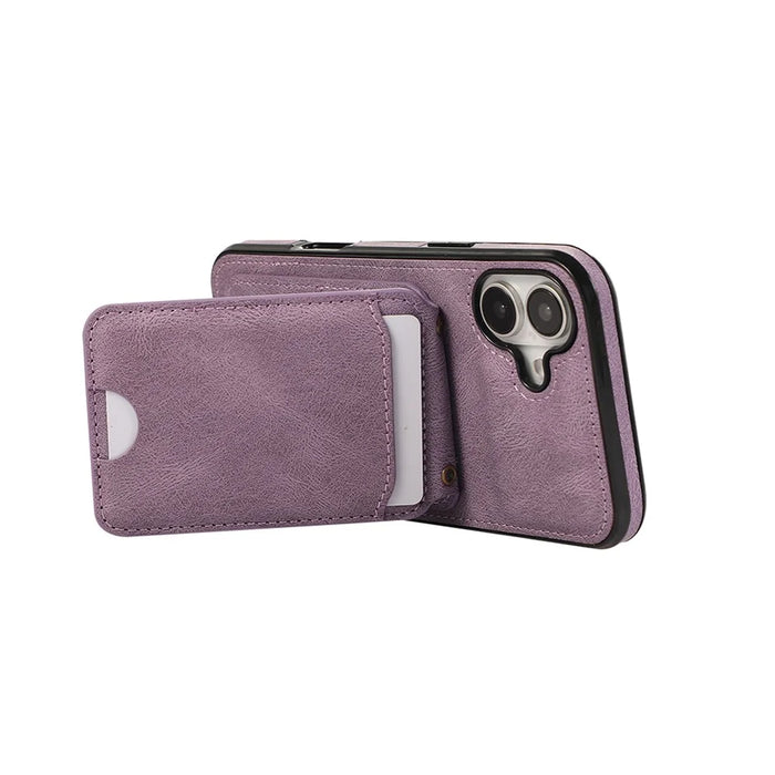 For iPhone 16 Case Card Holder Kickstand Leather + TPU Phone Cover with Shoulder Strap - Purple - 5