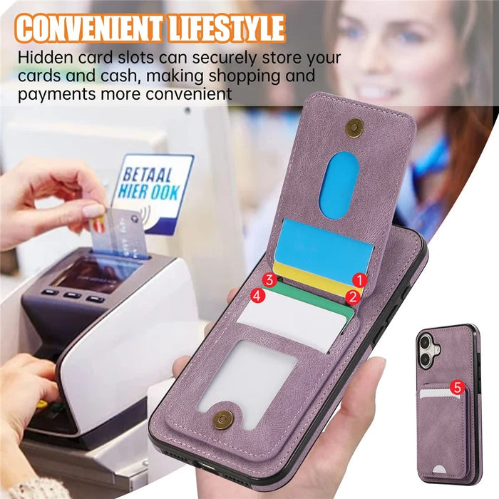 For iPhone 16 Case Card Holder Kickstand Leather + TPU Phone Cover with Shoulder Strap - Purple - 7