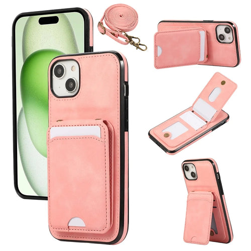 For iPhone 15 Case Card Holder Kickstand Leather + TPU Phone Cover with Shoulder Strap - Pink - 1