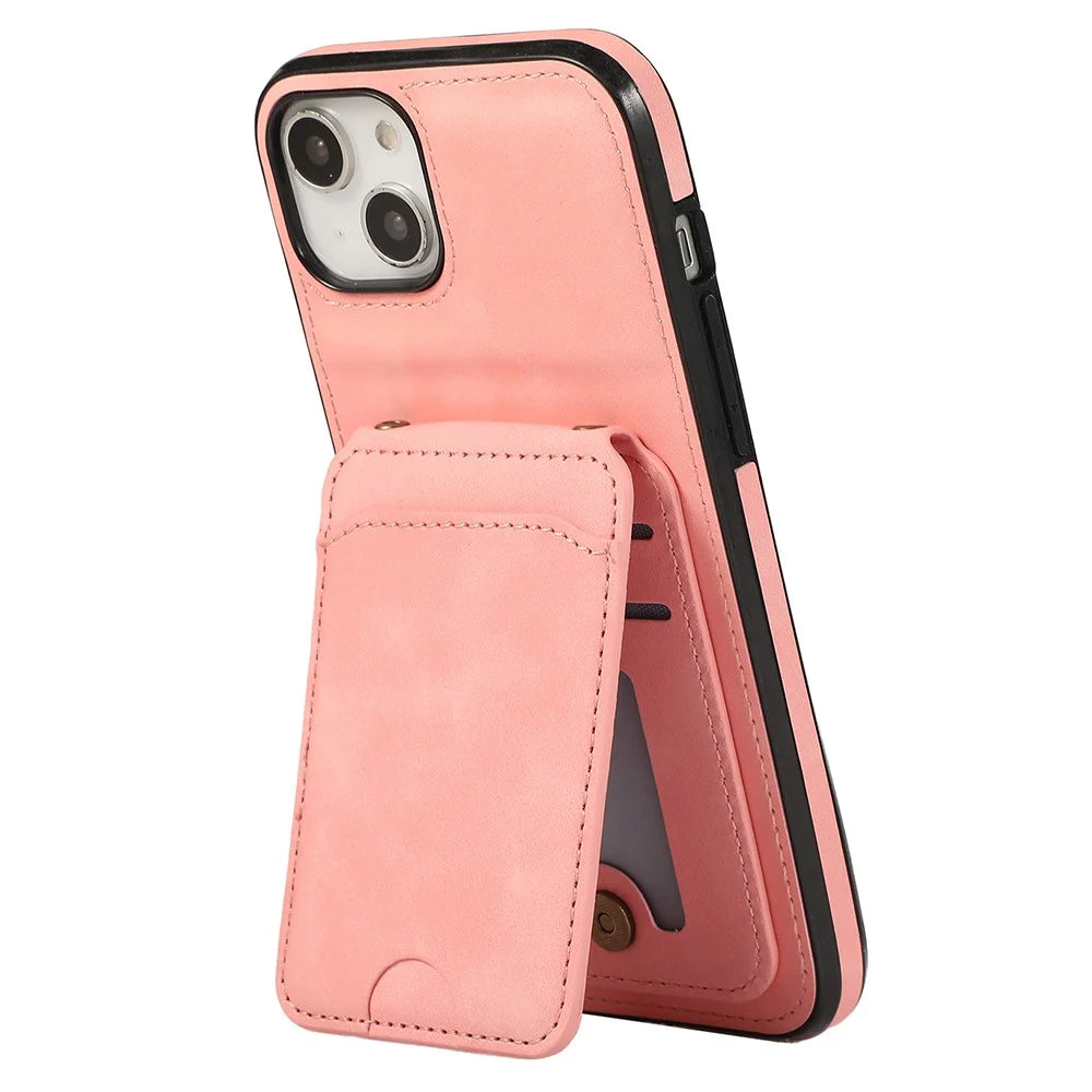 For iPhone 15 Case Card Holder Kickstand Leather + TPU Phone Cover with Shoulder Strap - Pink - 2